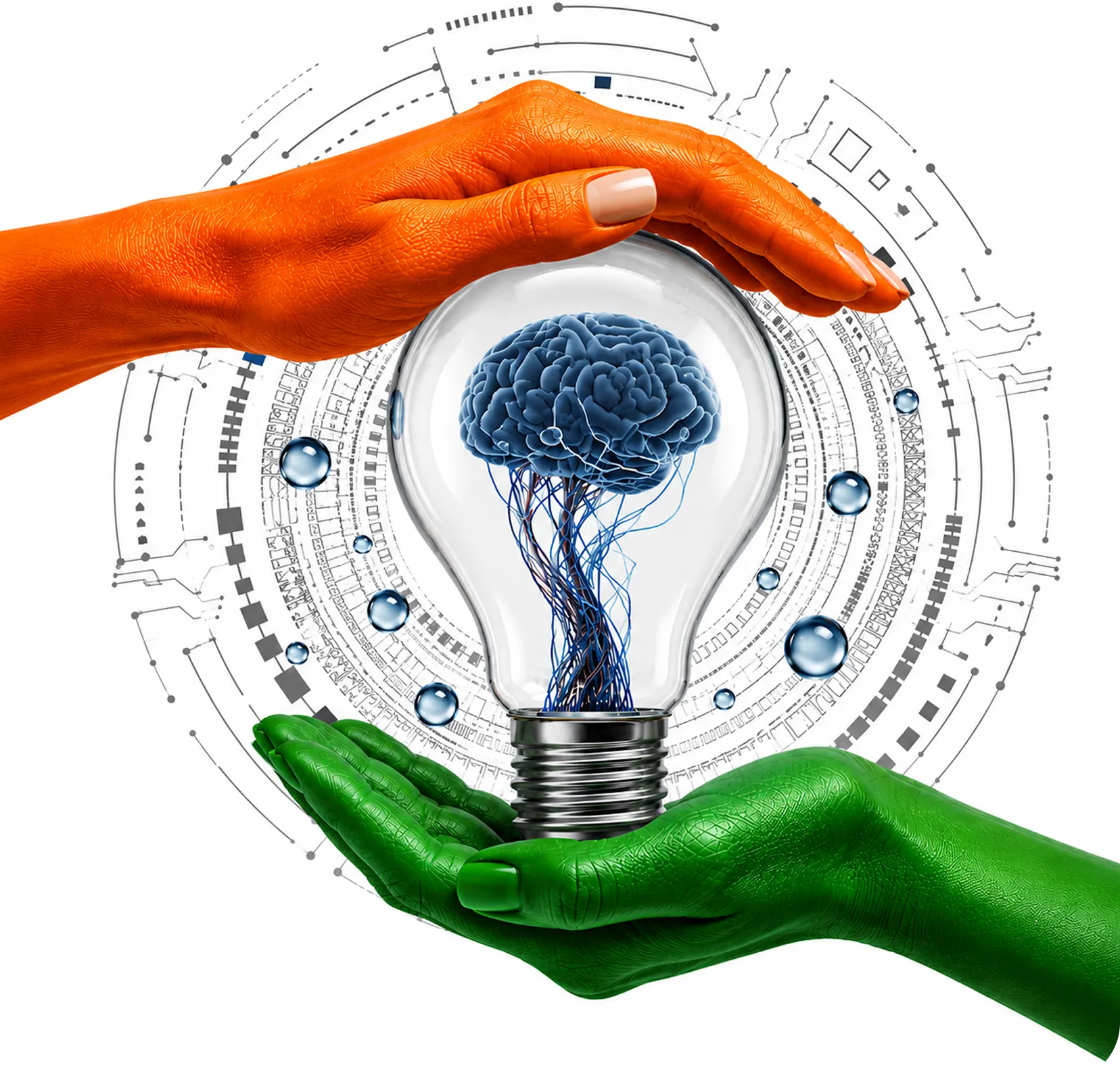 Innovation nurtured in India — a brain inside a lightbulb held by tricolour hands