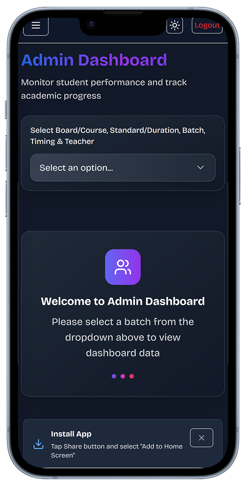 Learnis Admin Dashboard mobile view