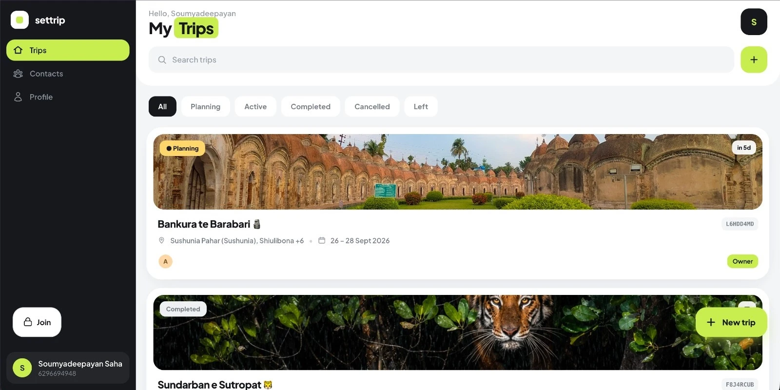 SetTrip trip dashboard showing itinerary, expenses, and live tracking modules